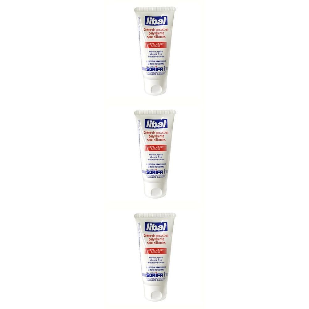 Trois tubes de crème barrière blanche avec inscriptions rouges et bleues.