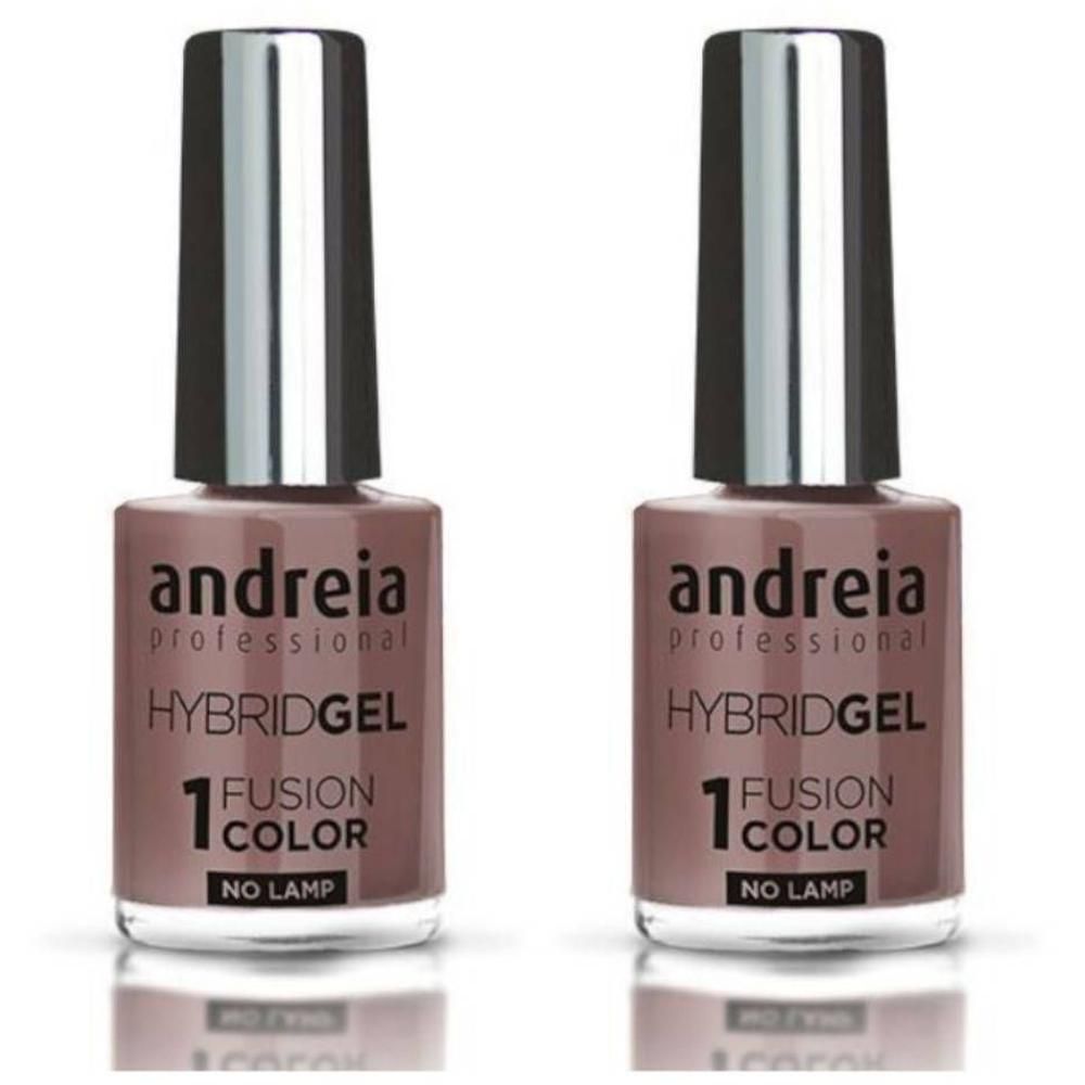 Twee flessen Andreia Hybridgel nagellak, kleur 1 Fusion Color. Transparante flesjes met zilveren doppen.