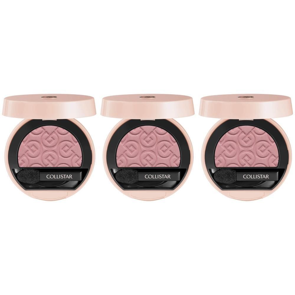 Trois fards à paupières compacts ouverts, teinte rose, avec motif et applicateur.
