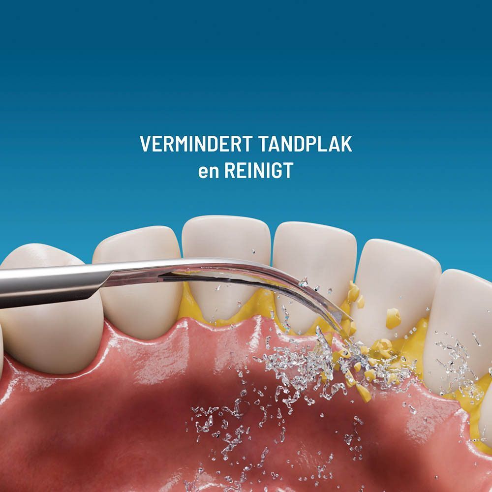 Een tandheelkundig instrument verwijdert tandplak en reinigt tanden en tandvlees. Tekst: Vermindert tandplak en reinigt.