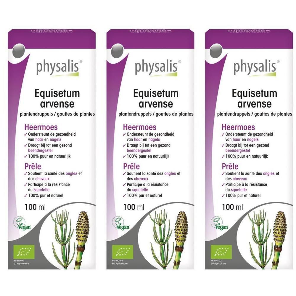 Drie verpakkingen Physalis Equisetum Arvense druppels, 100 ml. Met bio-logo en afbeelding van heermoes.