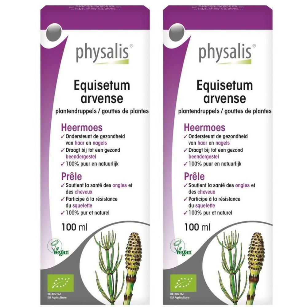 Twee verpakkingen Physalis Equisetum Arvense druppels. 100 ml. Biologisch keurmerk en afbeelding van heermoes.