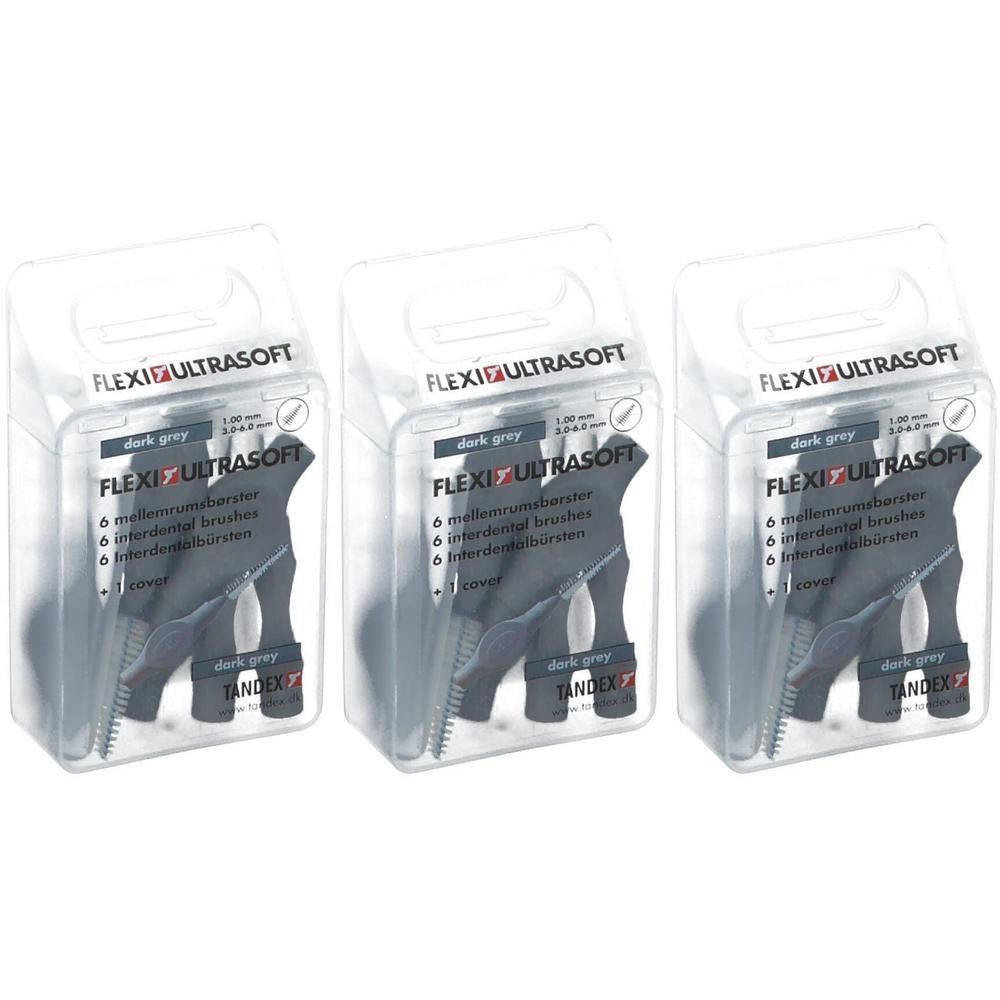Trois paquets de 6 brossettes interdentaires coniques ultra souples gris foncé avec capuchon.