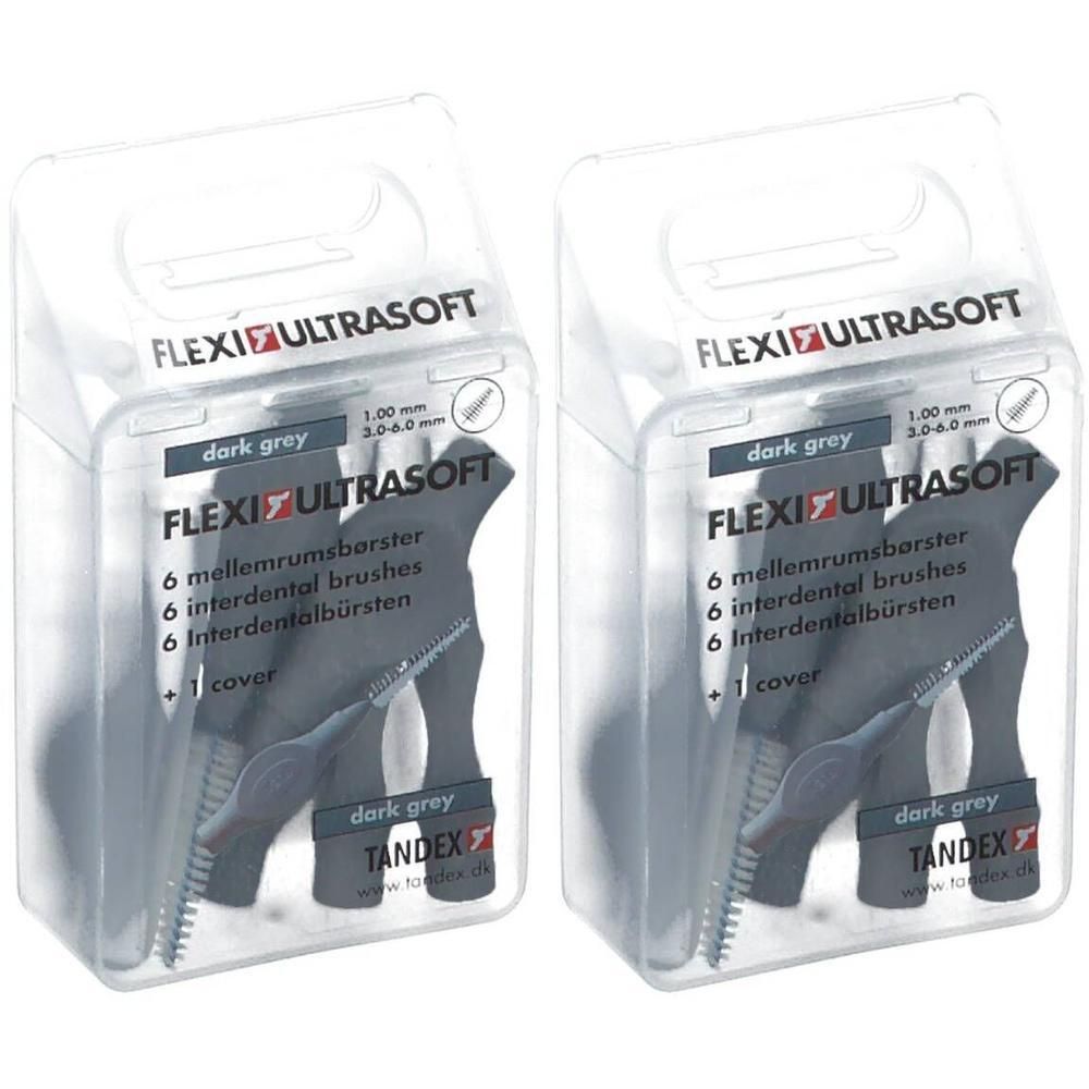 Deux paquets de brossettes interdentaires Tandex Flexi Ultrasoft gris foncé, 6 par paquet avec 1 capuchon.