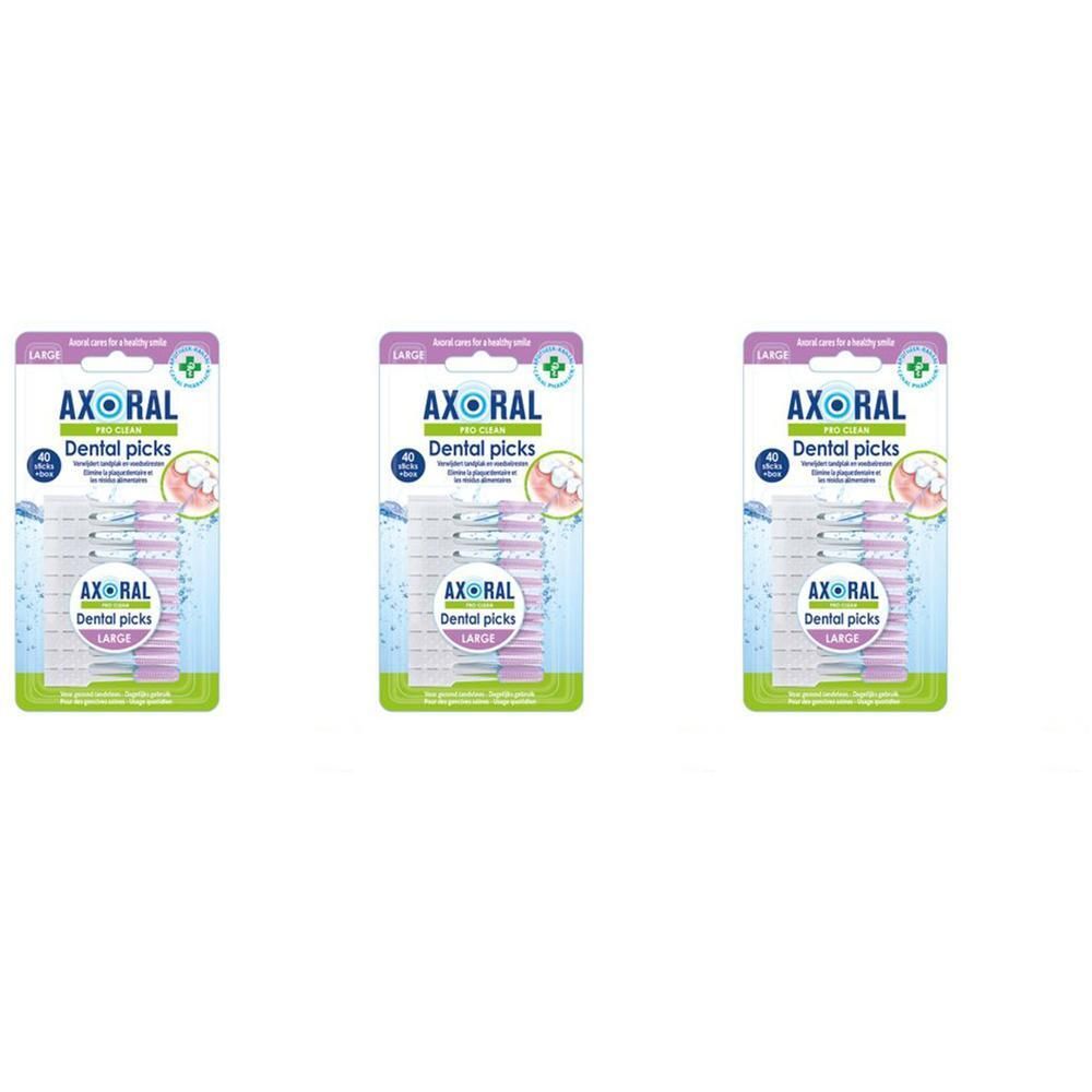 Axoral Dental Picks Large : Trois paquets de 40 cure-dents avec fil dentaire pour l'hygiène bucco-dentaire.