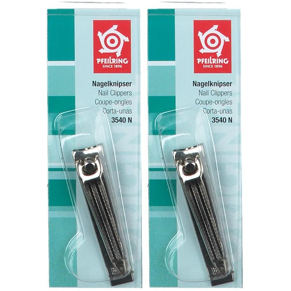 Deux petits coupe-ongles en métal sous blister avec logo Pfeilring et numéro de modèle 3540 N.