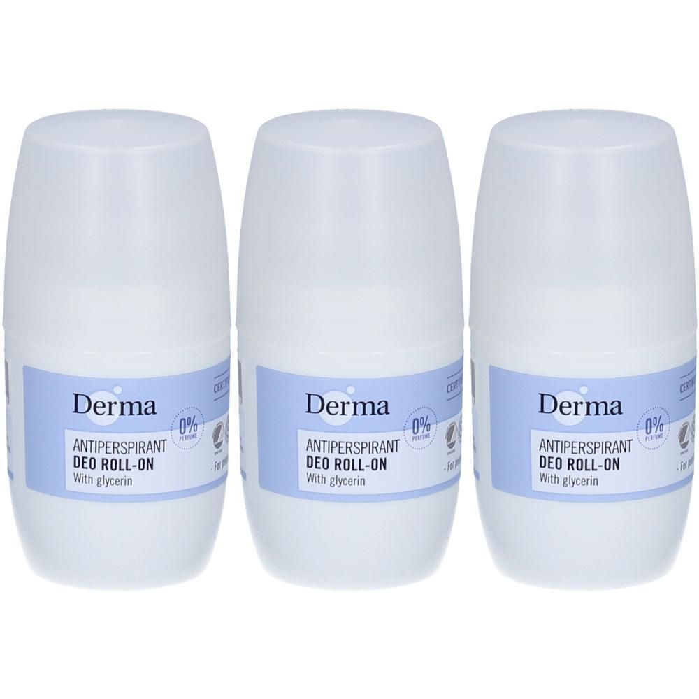 Trois roll-ons déodorants Derma avec glycérine, 0% sels d'aluminium.