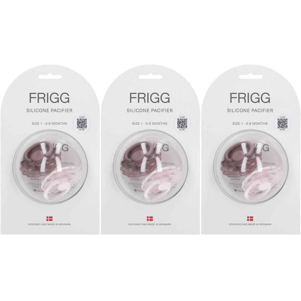 Drie FRIGG siliconen fopspenen, maat 1 (0-6 maanden), roze en paars, in individuele verpakkingen.
