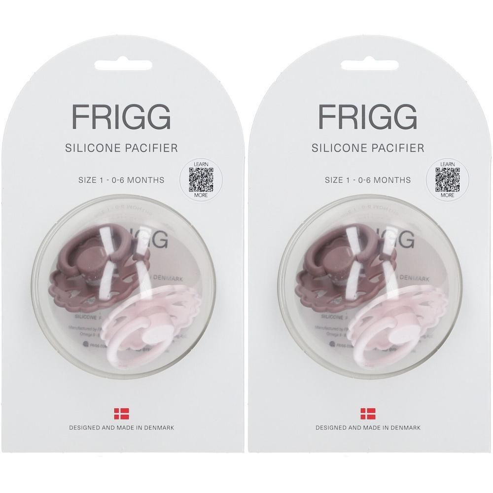 Deux sucettes FRIGG en silicone, taille 1 (0-6 mois), rose et rose foncé, emballées.