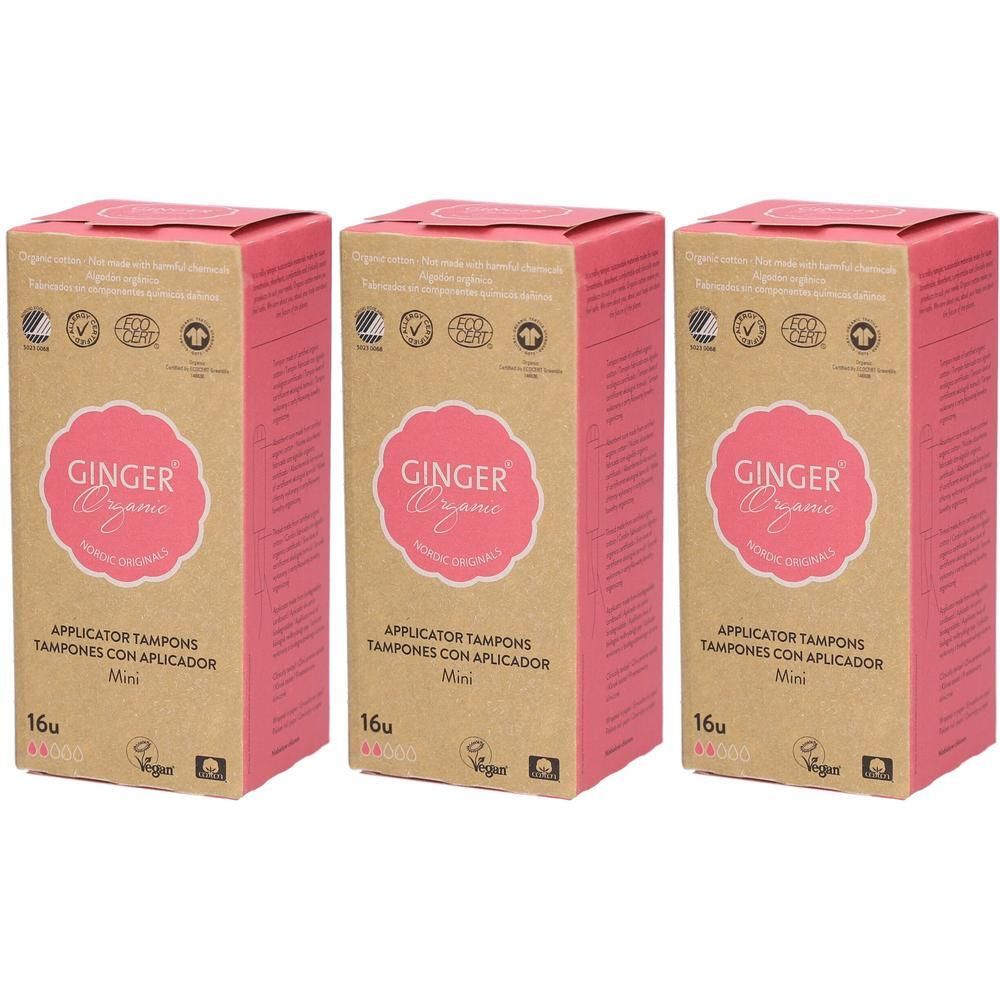 Drie pakken tampons met applicator, Mini-formaat. Bruine kartonnen verpakking met roze accenten.