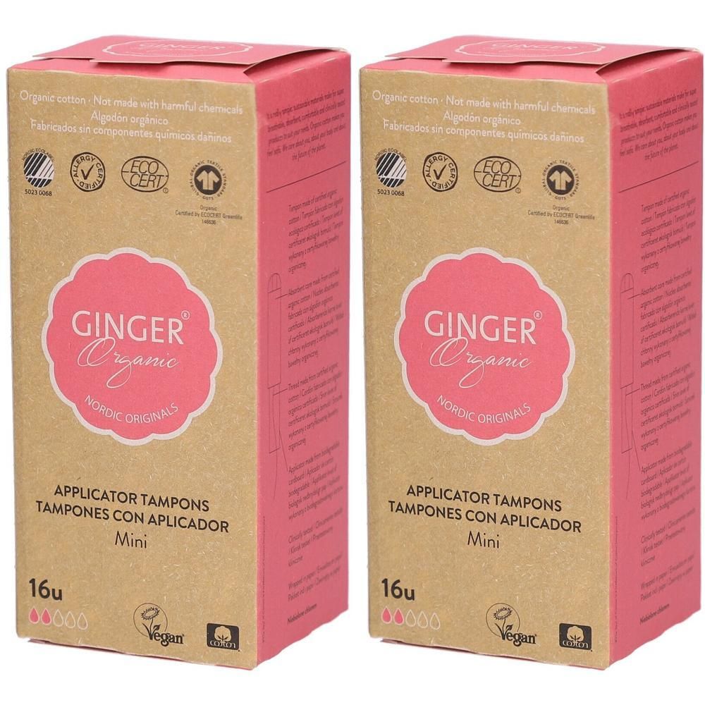 Twee pakken Ginger Organic tampons met applicator, Mini, 16 stuks per pak.