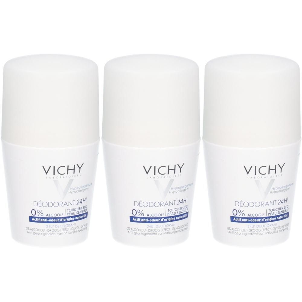 Drie Vichy Deodorant roll-ons met witte dop en etiket met "DÉODORANT 24H".