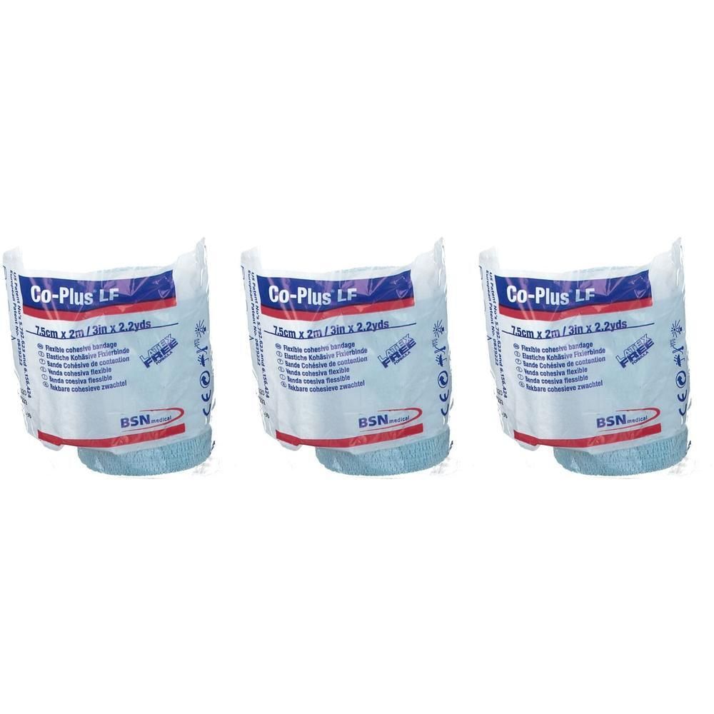 Trois paquets de bandages élastiques Co-Plus LF, 7,5 cm x 2 m.