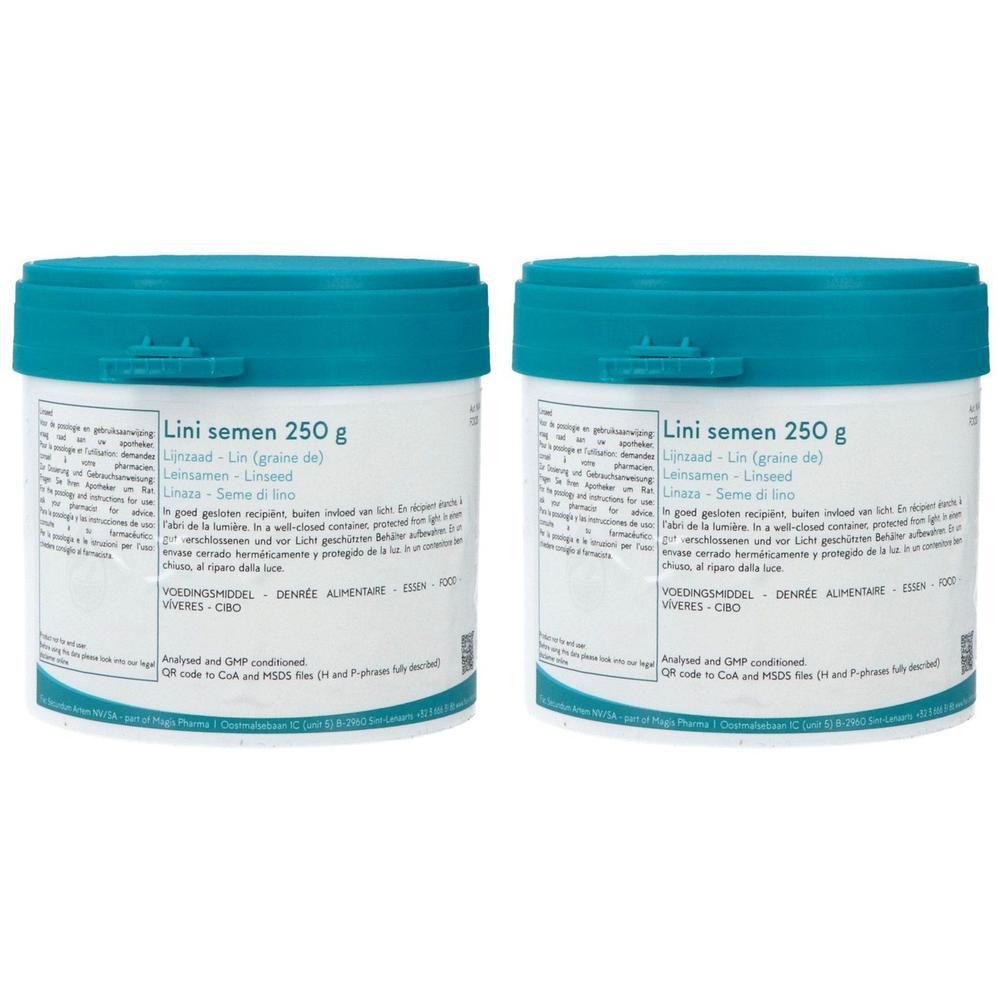 Twee potten lijnzaad (250g). Witte potten met turquoise deksel en etiket.