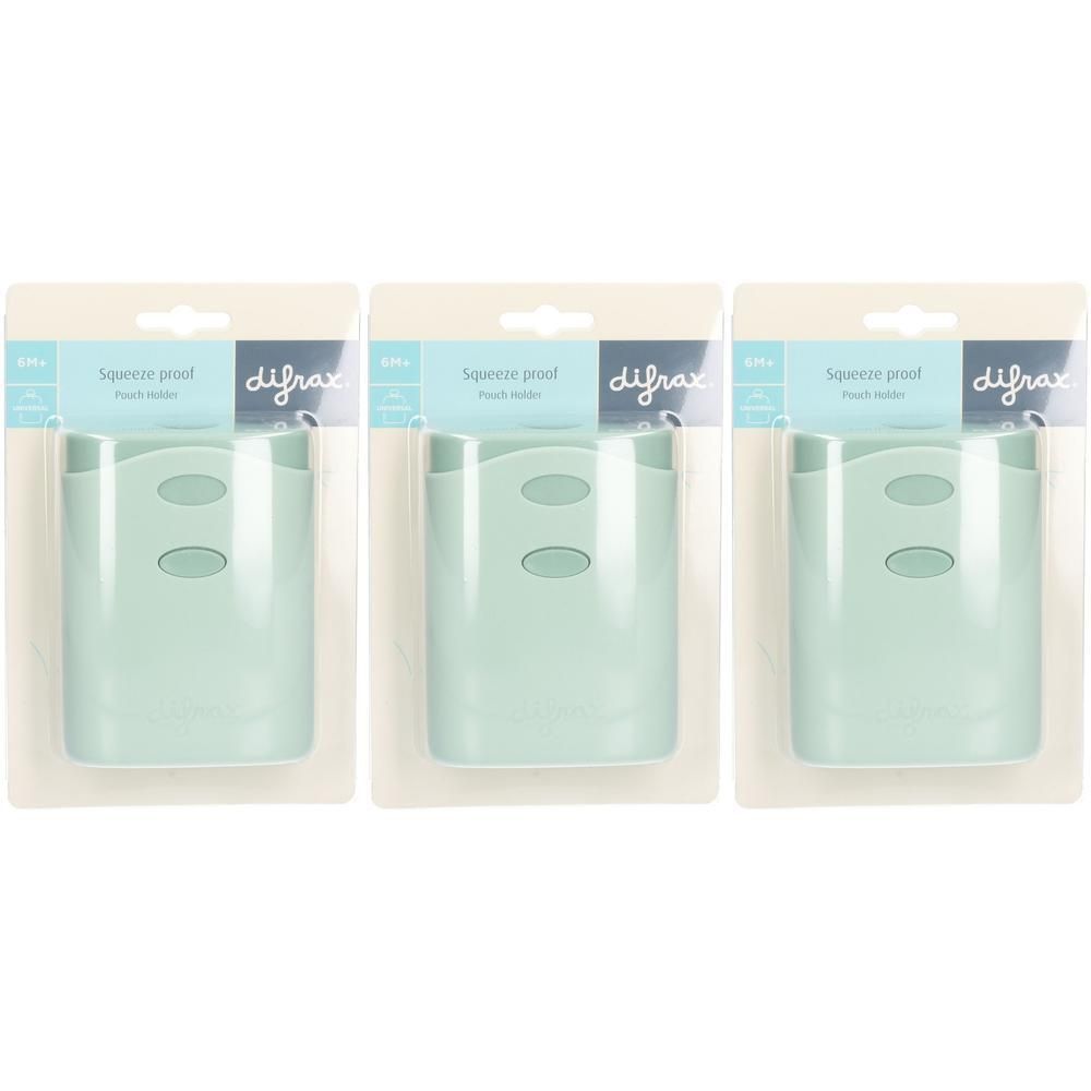 Trois porte-biberons Difrax vert menthe, anti-éclaboussures, emballés individuellement.
