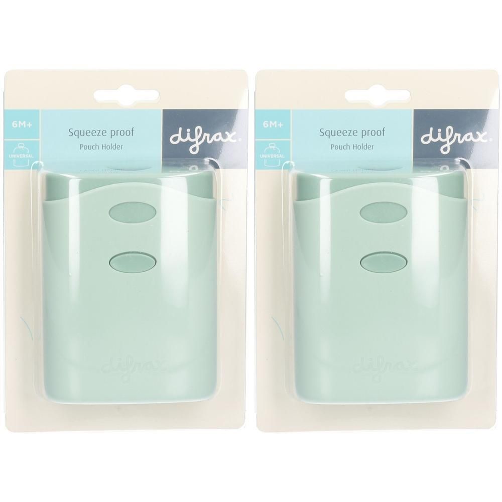 Deux porte-gourdes Difrax vert pâle pour nourriture bébé, inscription "Squeeze proof".