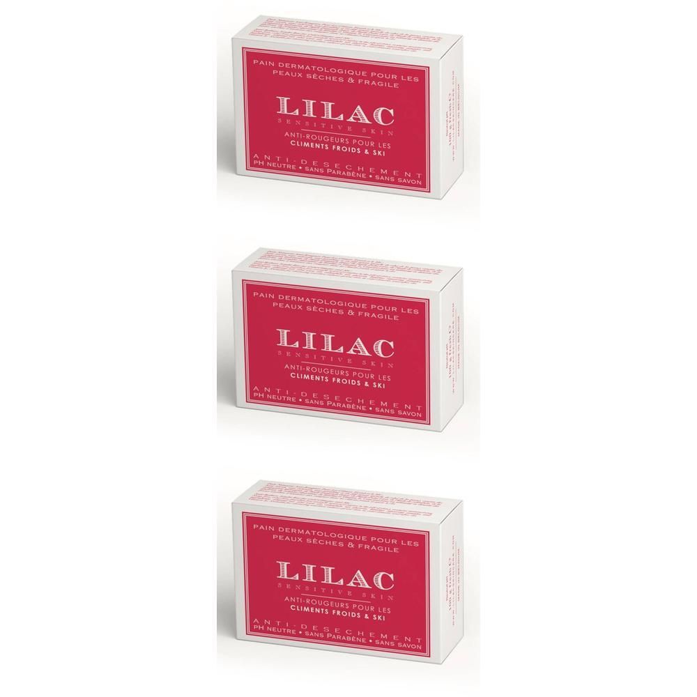 Drie Lilac dermatologische zeepblokken voor droge, gevoelige huid, anti-scheuren.