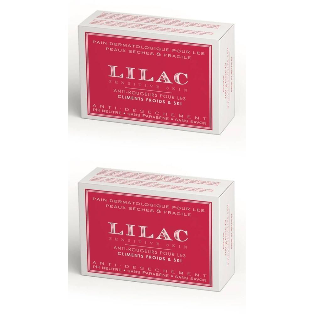 Twee pakken Lilac dermatologisch reinigingsblok voor droge, gevoelige huid. Anti-roodheid, pH-neutraal, zonder parabenen, zonder zeep.