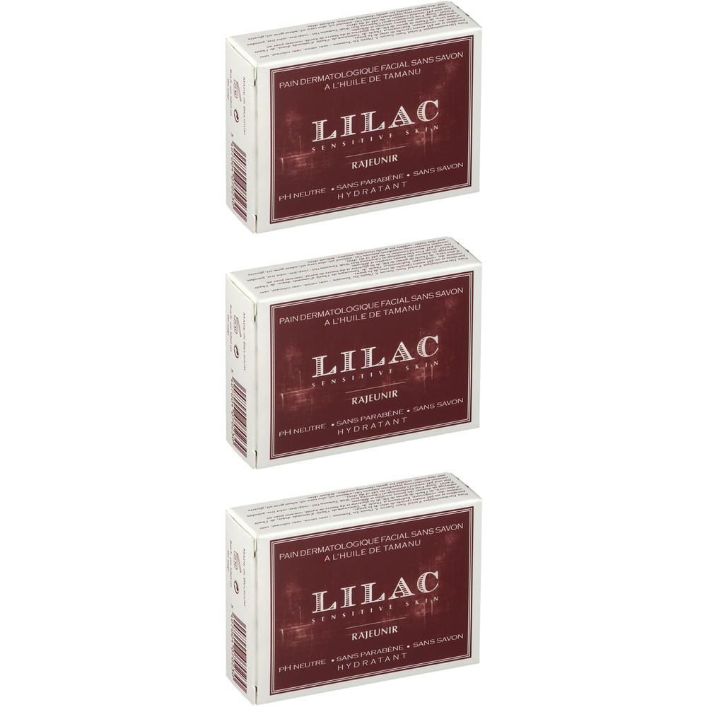 Trois paquets de savon Lilac Pain Dermatologique à l'huile de tamanu pour peaux sensibles.