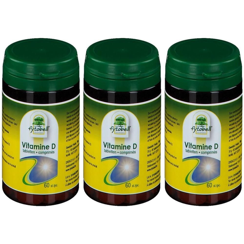 Drie flessen Fytobell Vitamine D tabletten, elk bevat 60 stuks.
