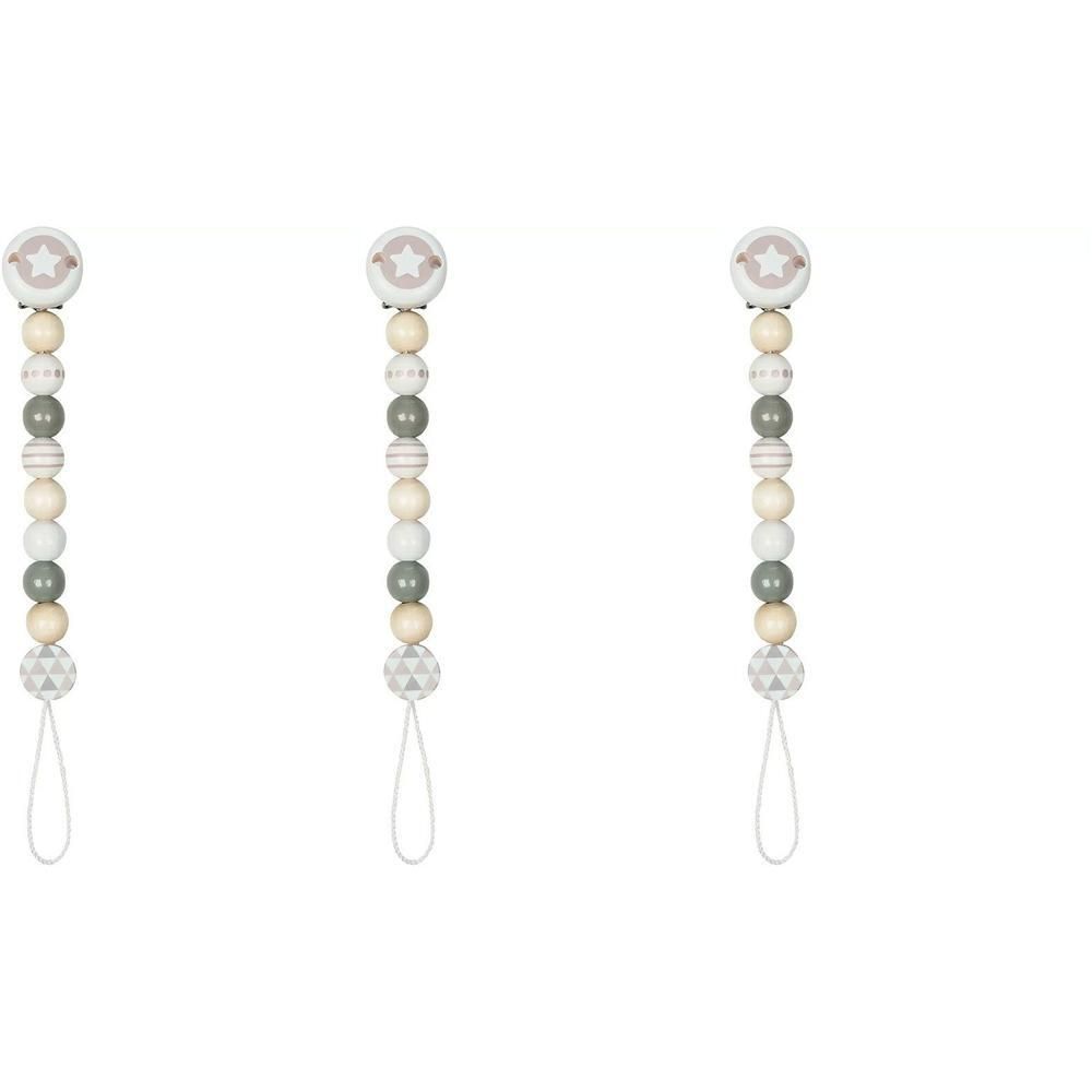 Trois attaches-sucette en bois avec motif étoile. Perles beiges, grises et blanches.