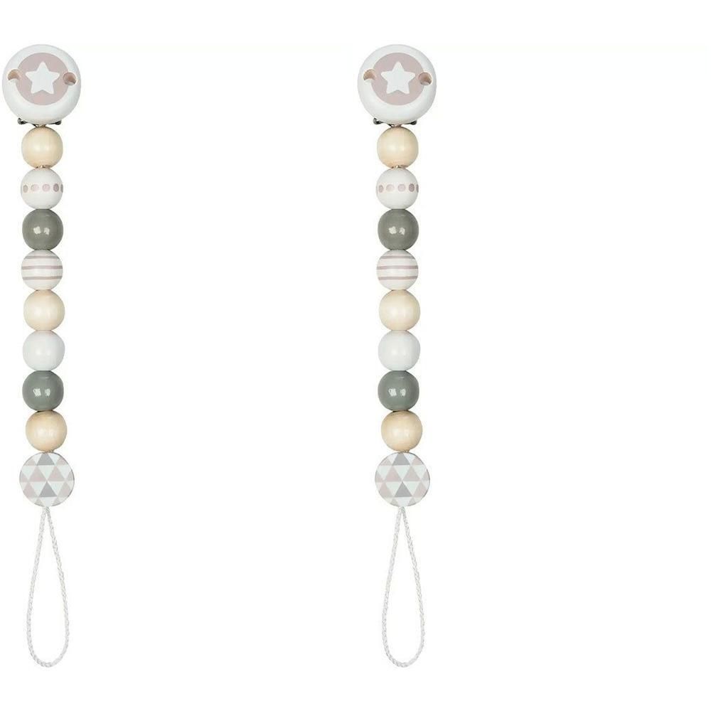 Houten fopspeenketting met sterrenmotief, beige, grijze en witte kralen.