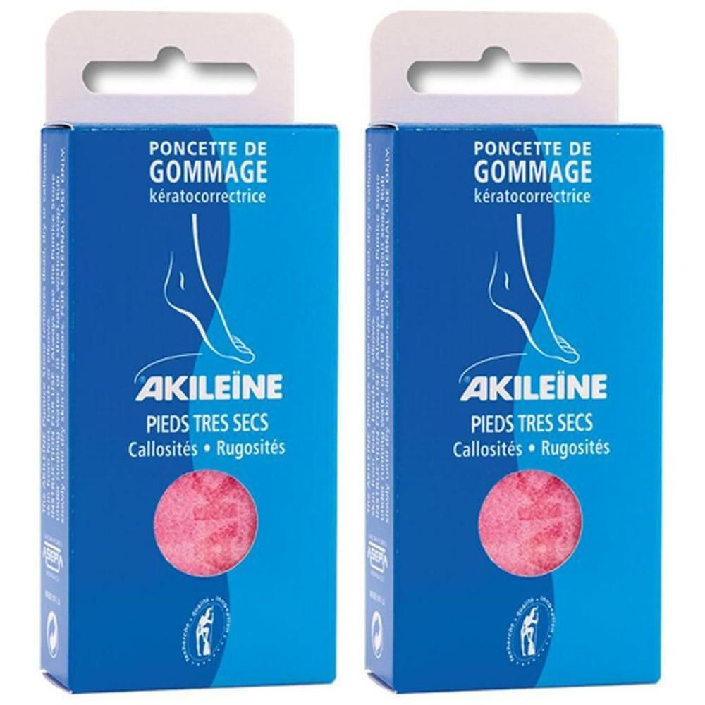 Deux boîtes Akileïne® Poncette de Gommage pour pieds très secs, callosités et rugosités.