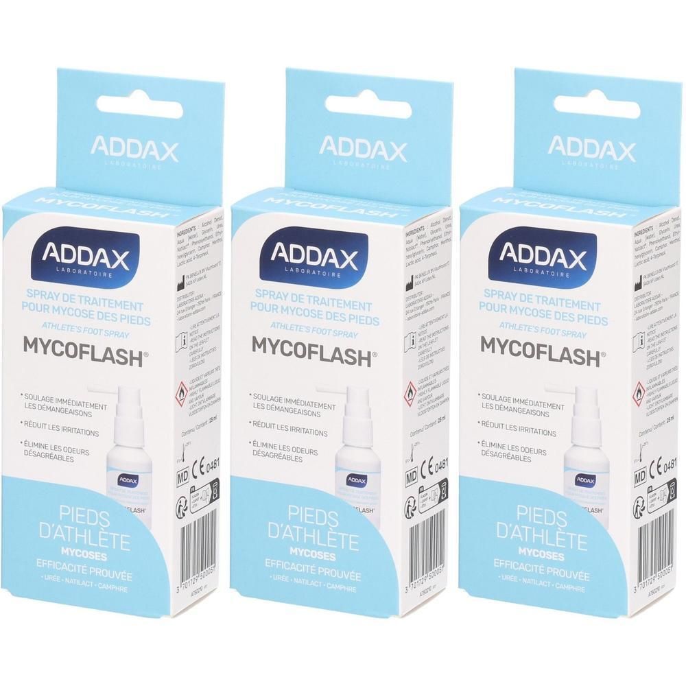 Drie verpakkingen ADDAX MYCOFLASH spray voor de behandeling van voetschimmel. Elke verpakking bevat een sprayflesje.