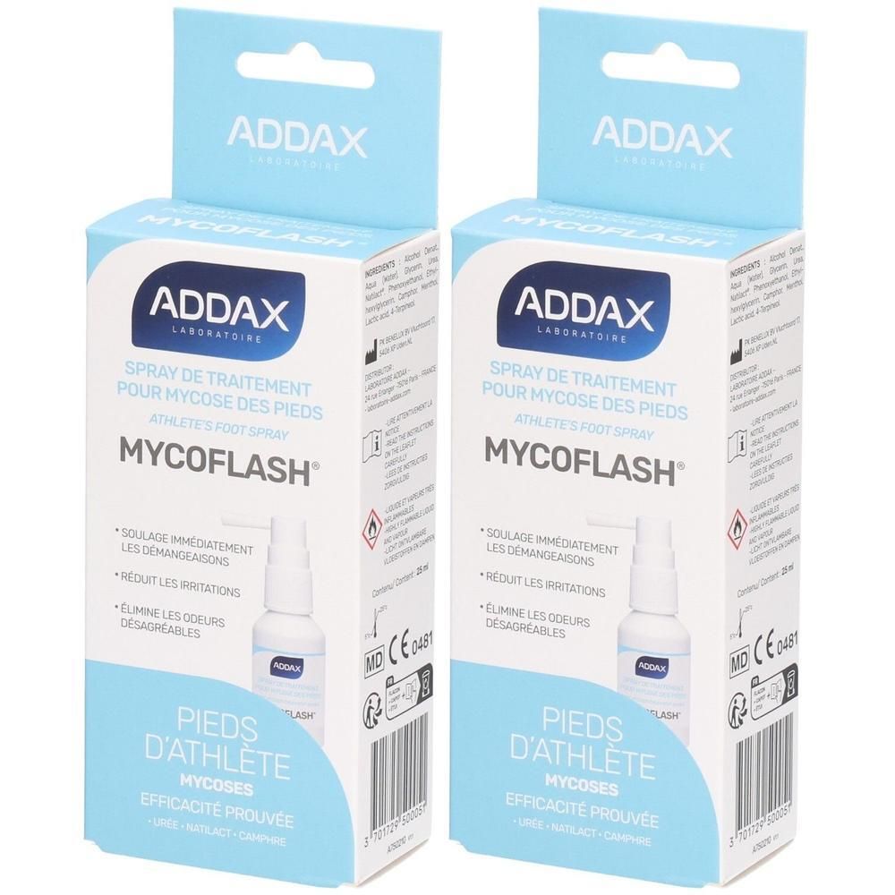 Twee verpakkingen ADDAX Mycoflash Spray voor de behandeling van voetschimmel. Bevat spuitflacons.