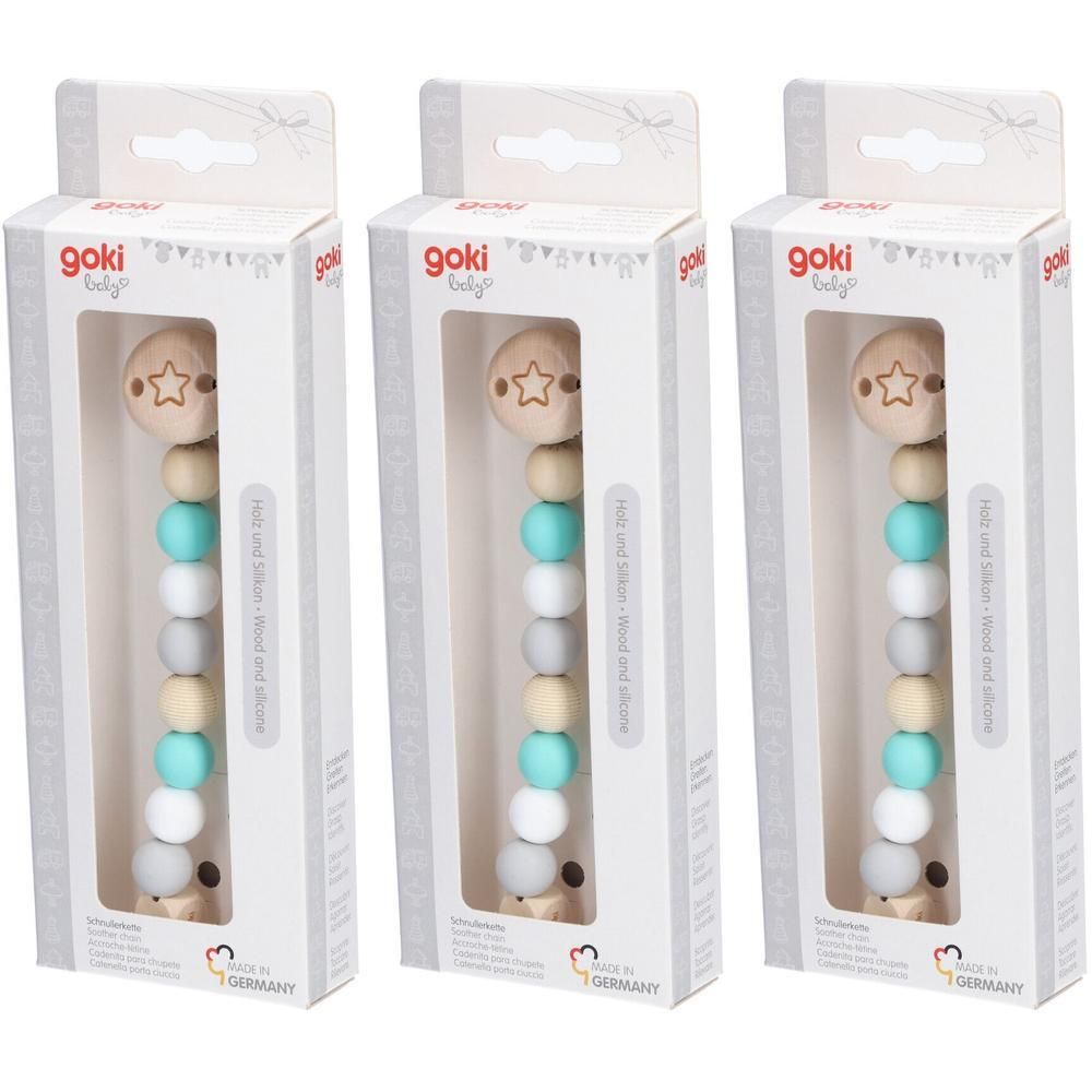 Trois paquets de chaînes de sucette Goki Baby avec perles en bois et silicone, couleurs menthe, gris, blanc, beige.