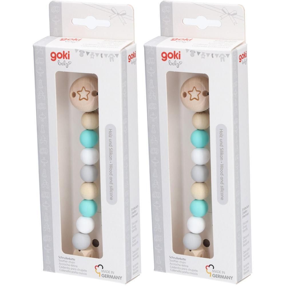 Accroche-tétine Goki Baby avec perles en bois et silicone. Clip en bois étoile.