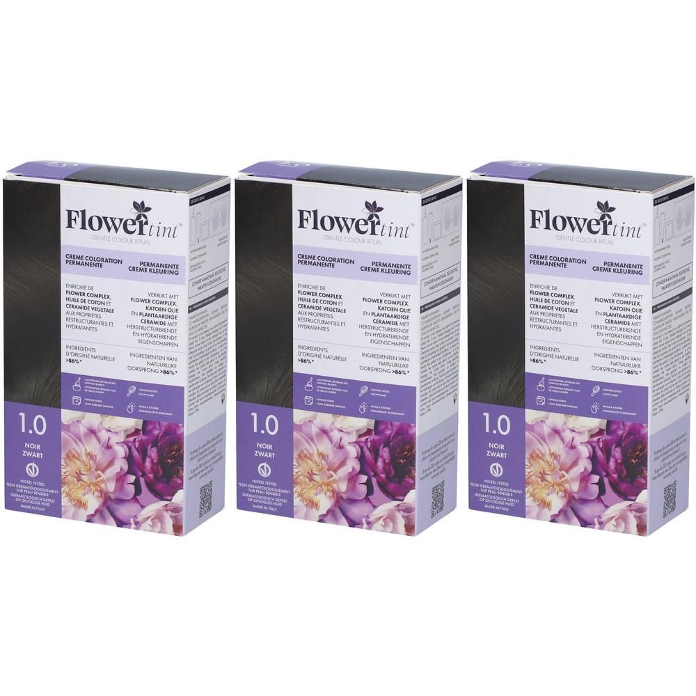 Drie dozen FLORWERTINT Permanente Kleuring 1.0 Noir met bloemenprint.