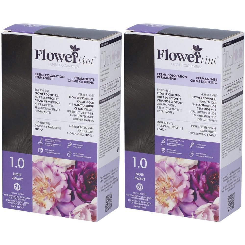 Deux boîtes de coloration permanente crème Flower Tint 1.0 Noir.