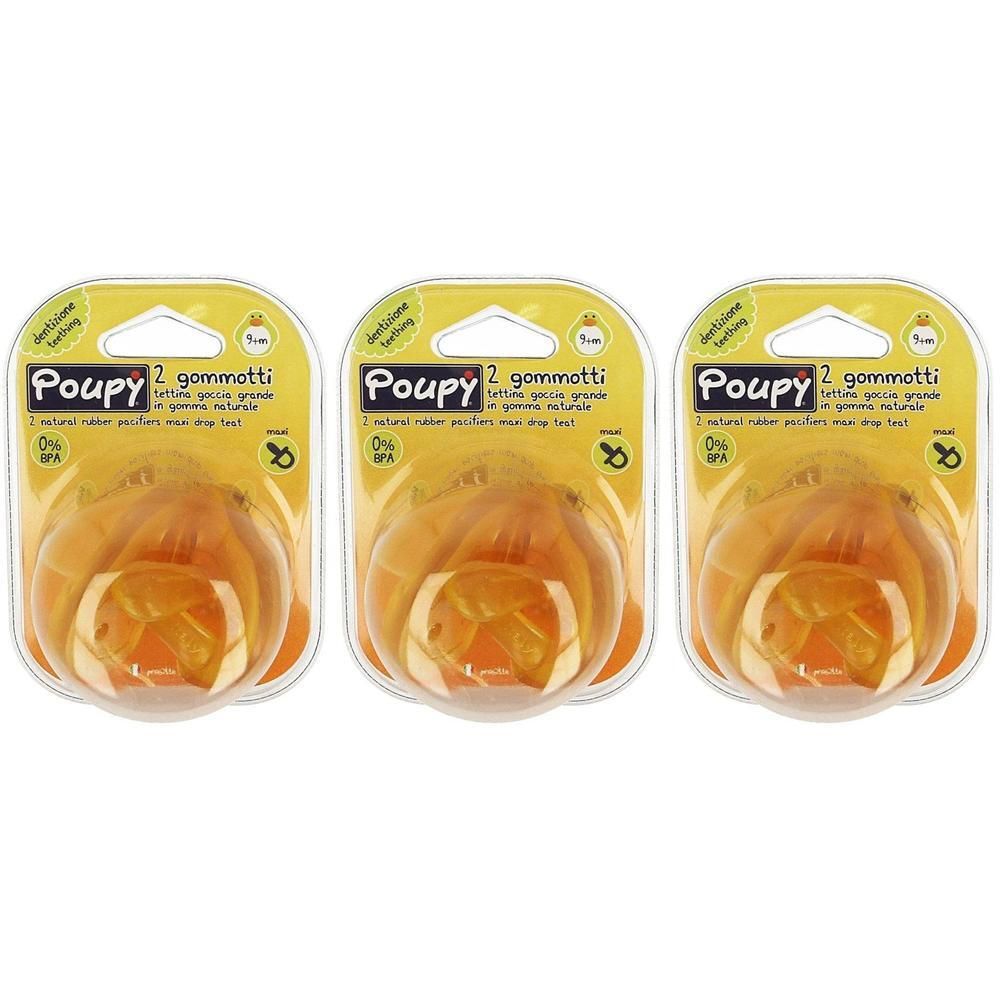Trois paquets de sucettes Poupy en latex naturel, 9+ mois.