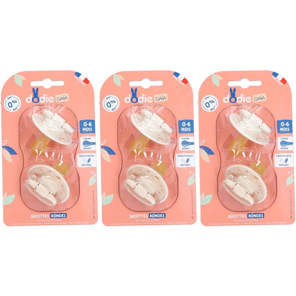 Trois paquets de sucettes rondes Dodie Gaia en caoutchouc naturel, 0-6 mois.
