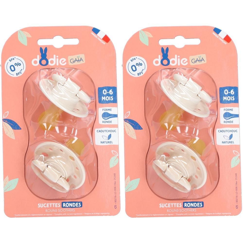 Twee ronde Dodie Gaia fopspeentjes van natuurrubber voor 0-6 maanden, roze verpakking.