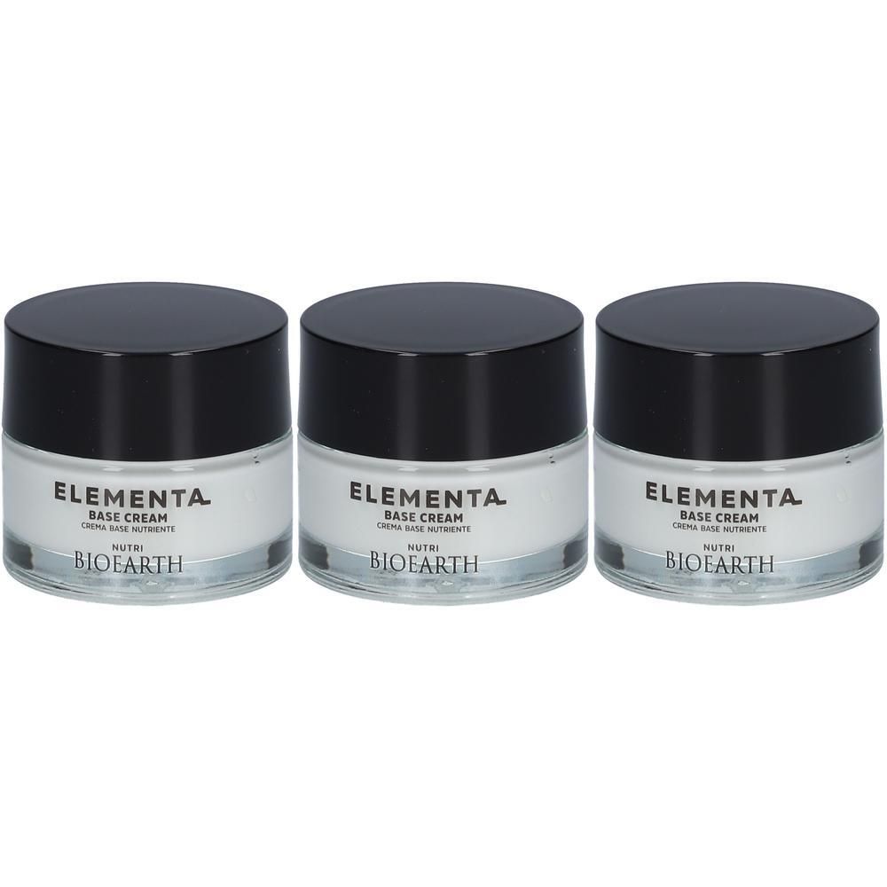 Trois pots de crème de base nourrissante Bioearth Elementa Nutri avec couvercles noirs.