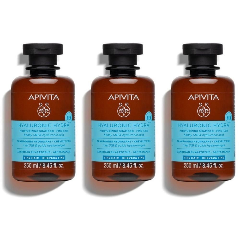 Trois bouteilles de Shampoing Hydratant Hyaluronic Hydra Apivita pour cheveux fins, 250 ml chacune.