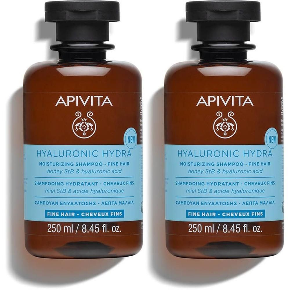 Twee flessen Apivita Hyaluronic Hydra Hydraterende Shampoo Fijn Haar, 250 ml.