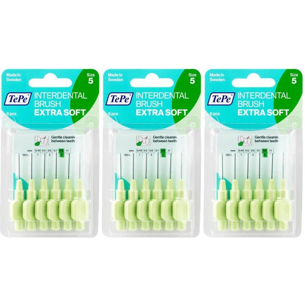 Drie pakken TePe Interdental Brushes Extra Soft, maat 5, lichtgroen.