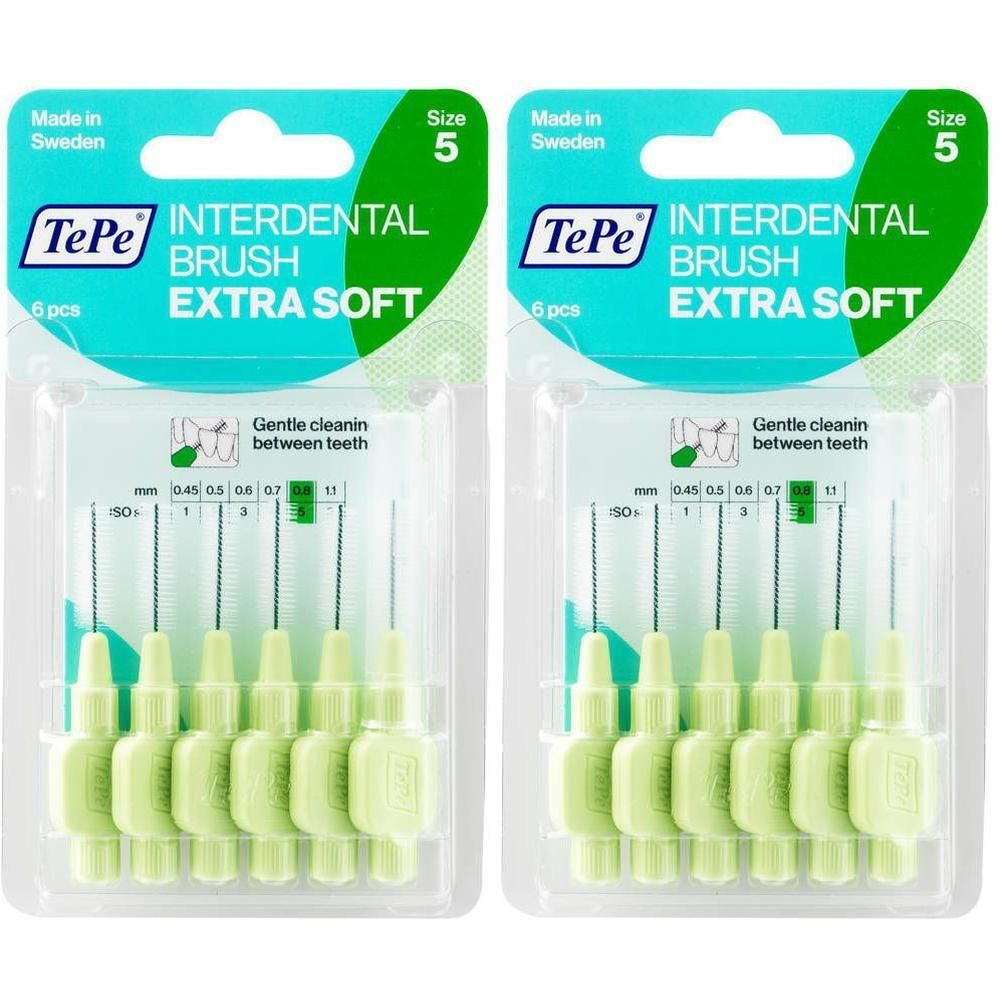 Brosses interdentaires TePe Extra Douce, Taille 5, paquet de 6. Brosses vert clair avec poils fins.