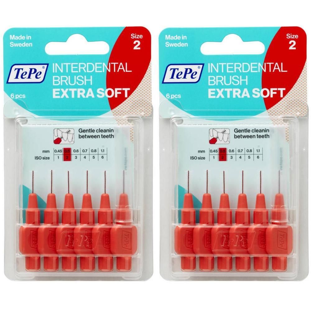 Deux paquets de brosses interdentaires TePe, taille 2, extra souples, rouges, 6 pièces par paquet.