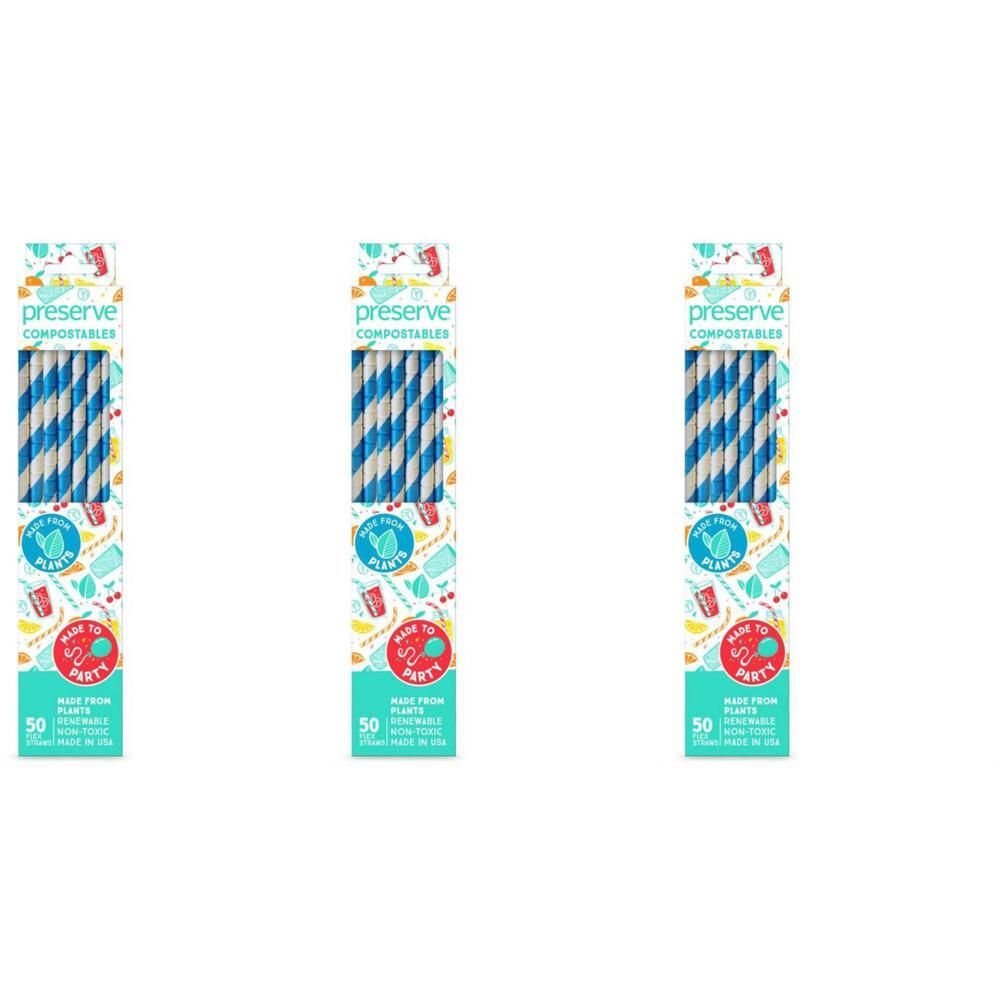 Trois paquets de pailles bleues et blanches rayées, fabriquées à partir de plantes.