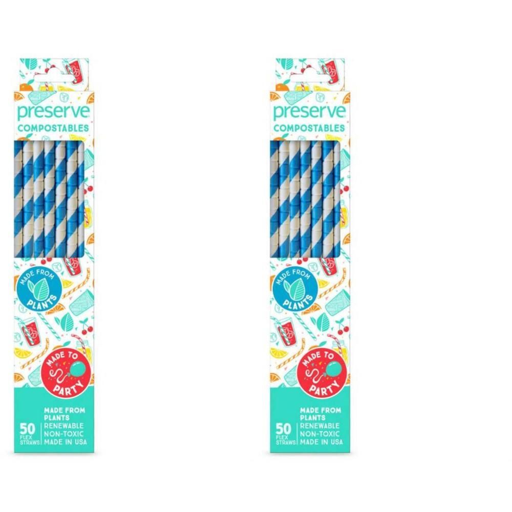 Twee pakken composteerbare blauwe en witte gestreepte rietjes. Elk pak bevat 50 rietjes.