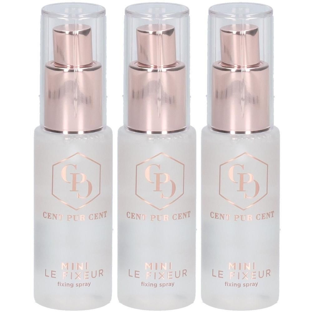 Drie mini fixing sprays met rosékleurige pompkopjes en transparante dopjes.