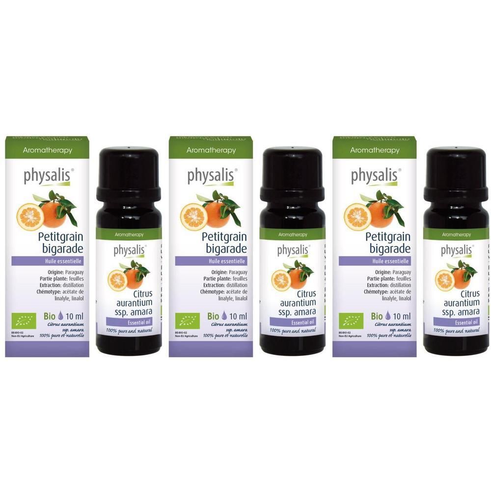 Trois flacons d'huile essentielle Physalis Petitgrain Bigarade, 10 ml chacun.