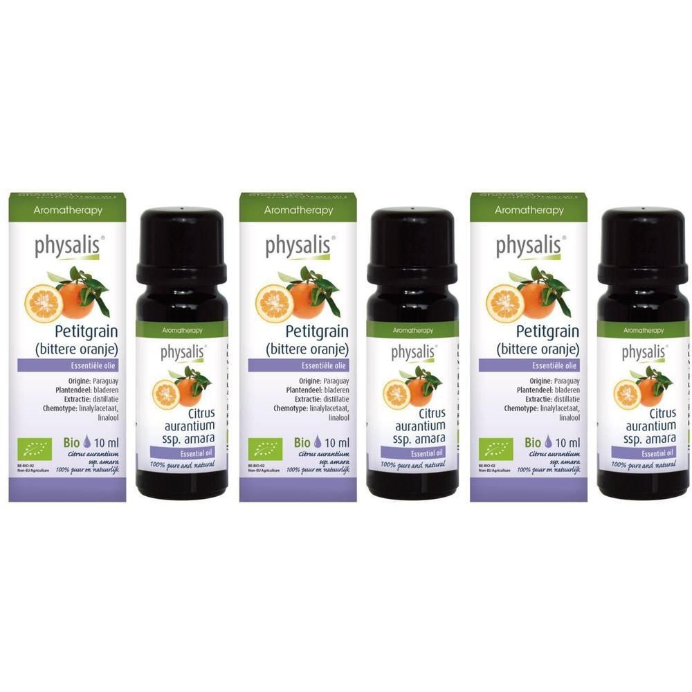 Drie flesjes Physalis Petitgrain Bigarade etherische olie, elk 10 ml.