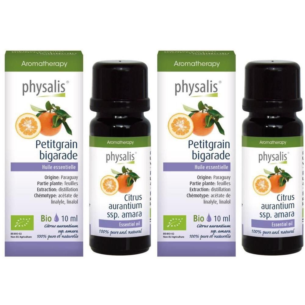 Deux flacons d'huile essentielle Physalis Petitgrain Bigarade, Bio, 10 ml.
