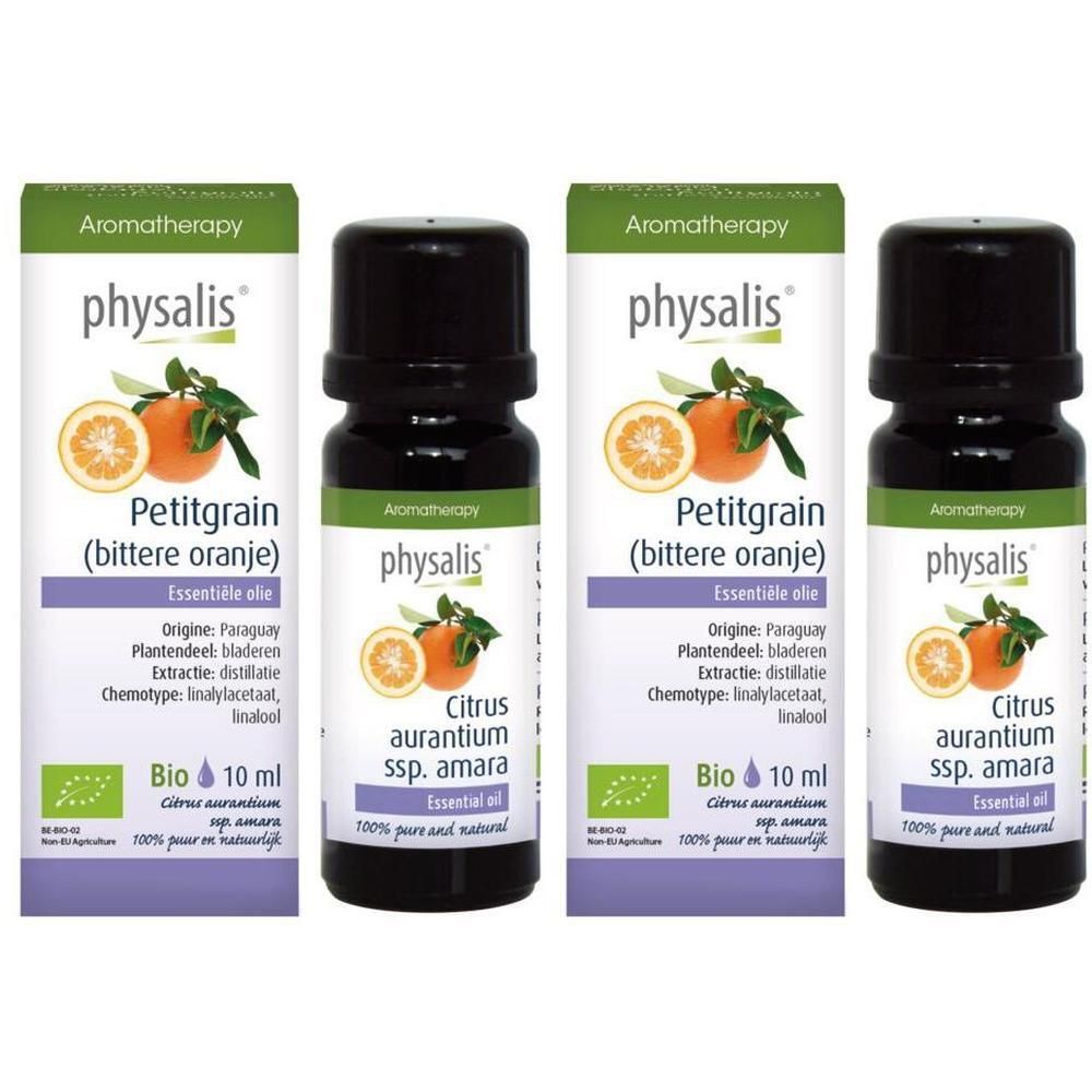 Twee flesjes Physalis Petitgrain (bittere sinaasappel) etherische olie, Bio, 10 ml.