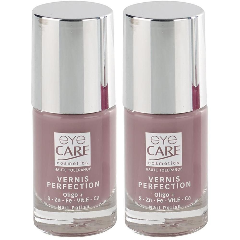 Deux flacons de vernis à ongles Eye Care Vernis Perfection, couleur rose-lila, avec bouchons argentés.